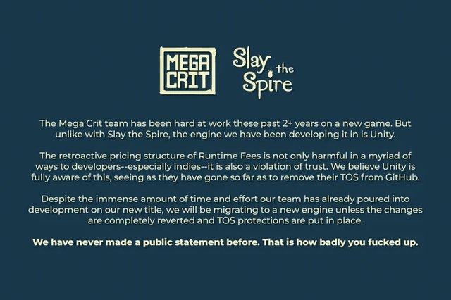 Studio behind Slay the Spire announce they will change course (on a 2+ year game-project) and completely migrate away from using the Unity Engine after Unity’s price changes.