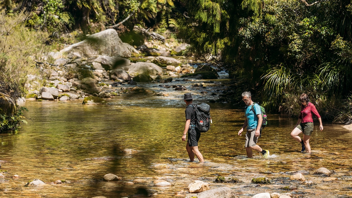 Coastal dips and river wading on a multi-day hike through New Zealand’s Abel Tasman National Park