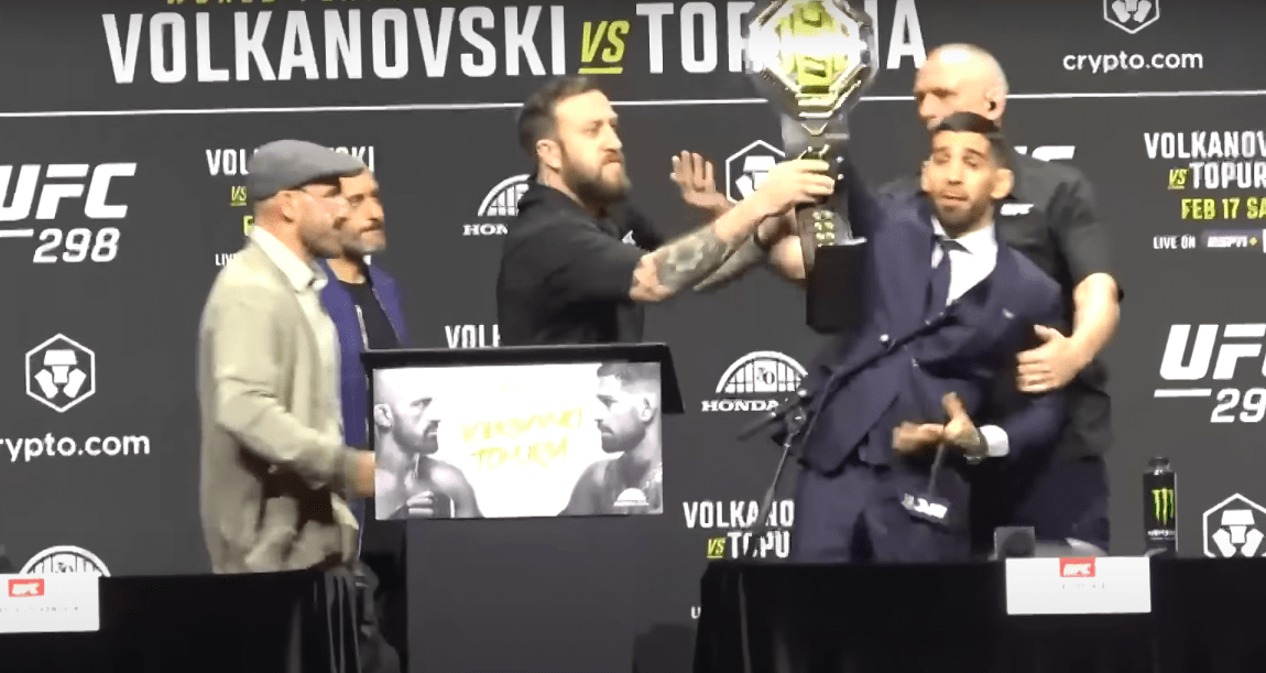 Watch: Ilia Topuria steals belt from ‘old man Volk’ at fiery UFC 298 press conference